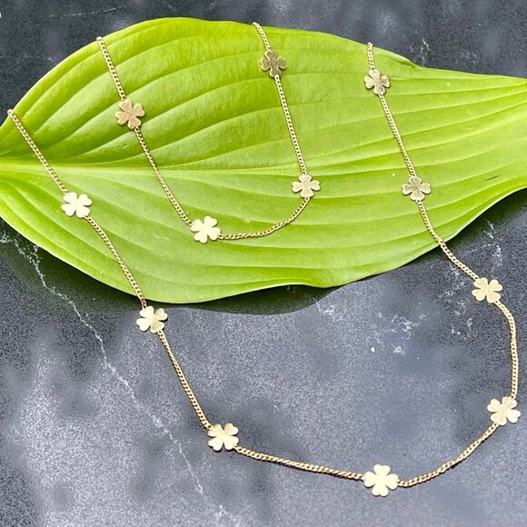 14K Yellow Gold Clover Station Necklace & Bracelet Set
